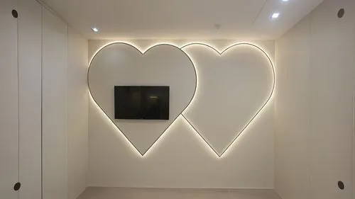 Convert this layout into a real gypsum decor for a room with hidden lighting.,two heart shaped mirrors are on the wall,heart shape frame,wall lamp,neon valentine hearts,wall light,light drawing,lovema