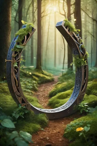 stargate,horseshoes,runes,semi circle arch,aaa,wooden rings,horseshoe,photo manipulation,photoshop manipulation,helix,druid stone,bearing,druid grove,forest path,aa,life stage icon,triquetra,circular ring,winding road,horse shoe,Illustration,Black and White,Black and White 07