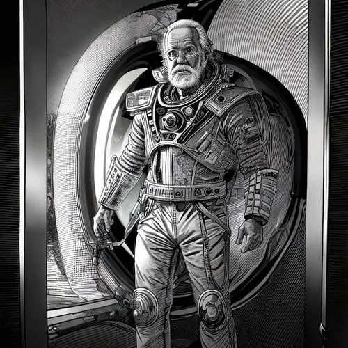 全身像，老人端坐在扶手椅上，这是一个太空舱的内景,sci fiction illustration,buzz aldrin,cg artwork,aquanaut,sci fi,frame illustration,cable,space-suit,spacesuit,admiral von tromp,space suit,metallic door,sci - fi,sci-fi,empero