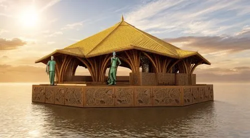 Bamboo Texture and realistic Day lighting. Add fields & Trees in the background. HIghlight Realism in Krishna Statue in the centre,wooden sauna,cube stilt houses,floating restaurant,the golden pavilio