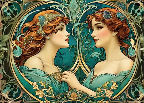 art nouveau frames,art nouveau,art nouveau frame,art nouveau design,mirror image,mucha,art deco frame,the mirror,emile vernon,mirror reflection,mirrors,the three graces,magic mirror,vintage fairies,art deco woman,absinthe,cd cover,doll looking in mirror,makeup mirror,art deco ornament,Illustration,Retro,Retro 13