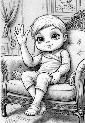 : Design Sketch-Rough Outline ,the little girl on the sofa is waving at someone else,kewpie,babyfirsttv,cute cartoon image,littlebigplanet,babycenter,yevgeny,Design Sketch,Design Sketch,Detailed Outli