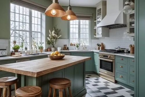 a large kitchen with a checkered floor and high ceilings,vintage kitchen,tile kitchen,kitchens,victorian kitchen,limewood,kitchen design,Photography,General,Realistic