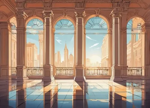 pillars,art deco background,columns,backgrounds,reflecting pool,marble palace,goldenlight,background design,three pillars,morning light,late afternoon,sanctuary,bright sun,bathhouses,windows,capitols,translucency,archways,beautiful buildings,daybreak,Illustration,Vector,Vector 01