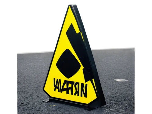 Yellow caution sign, triangle shape, black bold font, exclamation mark, reflective surface, standing on road, urban setting, morning light, shallow depth of field, 3/4 composition, realistic texture, 