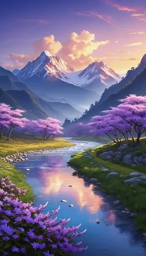 purple landscape,landscape background,japanese sakura background,mountain landscape,japan landscape,fantasy landscape,japanese alps,beautiful landscape,mountainous landscape,japanese mountains,springtime background,river landscape,mountain scene,nature landscape,sakura background,salt meadow landscape,spring background,lavender fields,meadow landscape,the valley of flowers,Photography,General,Realistic