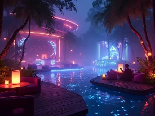 Neon-lit nightclub, futuristic architecture, surrounded by mangrove forests, misty atmosphere, bioluminescent plants, iridescent colors, reflective water surface, wooden docks, lantern-like decoration