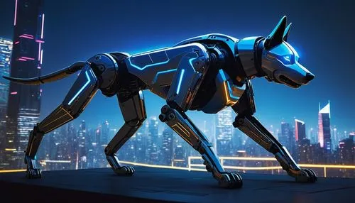 Futuristic robotic dog Dalle-3, shiny metallic body, glowing blue circuits, sharp angular legs, dynamic pose, mid-air jump, futuristic cityscape, neon lights reflecting off sleek skyscrapers, dark all