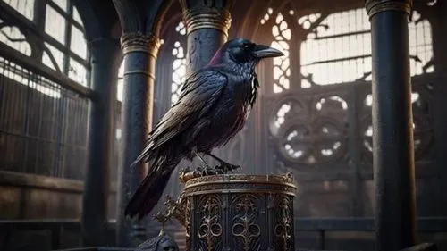 a crow perched on top of an ornate cage in a building,king of the ravens,hippogriff,ravenclaw,ravenal,filch,gringotts