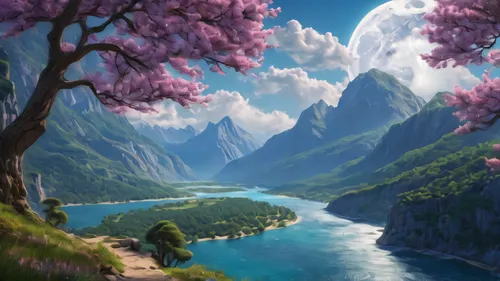 fantasy landscape,japanese sakura background,landscape background,sakura trees,springtime background,sakura background,spring background,mountain landscape,blooming trees,sakura tree,mountainous landscape,mountain scene,flowering trees,blossom tree,beautiful landscape,river landscape,nature landscape,purple landscape,fantasy picture,spring blossoms,Photography,General,Natural