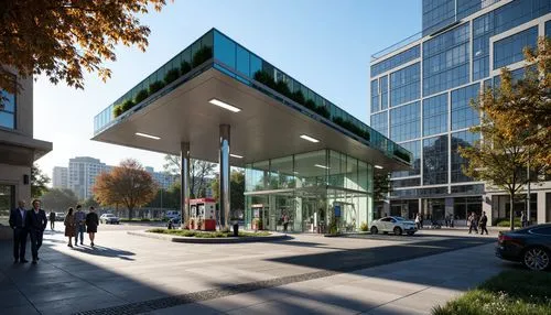 Modern gas station, sleek glass fa\u00e7ade, transparent walls, minimalist architecture, angular lines, steel beams, polished concrete floors, bright LED lighting, futuristic ambiance, urban cityscape