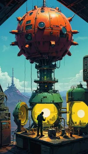 Horizon style, cyberpunk style, retro-futuristic, by Simon Stalenhag, {scientist assembles a compact nuclear reactor in the laboratory. perfect hands, perfect anatomy} . vintage sci-fi, 50s and 60s st