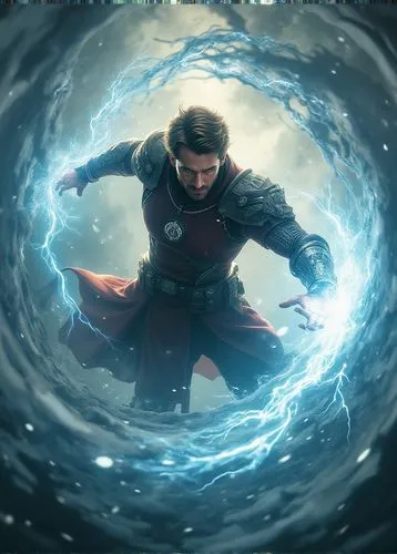 32k photo-realistic, high definition, Hyper-realistic. Full body shot, of Ryan Reynolds as "The Stormforged", fused concepts: Avatar Airbender, Olympian God of Thunder, Anime Wind Knight, surrounded b