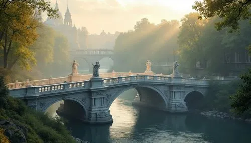 Marble bridge, grandeur architecture, historic landmark, majestic river crossing, white marble columns, ornate carvings, subtle texture, reflective surface, warm sunlight casting dramatic shadows, mis