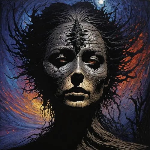 voodoo woman,leota,shamanic,unseelie,corben,hecate,vodun,crone,planescape,the enchantress,nightbreed,bodypainting,head woman,samhain,vecna,deodato,carcosa,converge,moonsorrow,hekate,Illustration,Realistic Fantasy,Realistic Fantasy 33