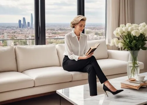 blonde woman reading a newspaper,penthouses,smartsuite,business woman,businesswoman,apartment lounge,bussiness woman,oticon,livingroom,modern office,concierge,business women,modern decor,woodsen,rodenstock,rothblatt,ivanka,window sill,salesroom,natuzzi,Illustration,Retro,Retro 22