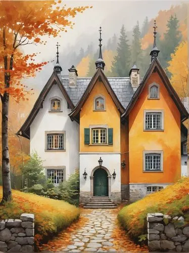 houses clipart,autumn background,home landscape,autumn scenery,autumn idyll,autumn landscape,autumn decoration,house in the forest,half-timbered houses,wooden houses,fall landscape,half-timbered house,traditional house,country cottage,house painting,cottages,stone houses,country house,seasonal autumn decoration,house in mountains,Illustration,Vector,Vector 07