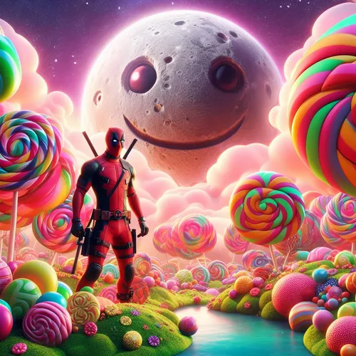 a guy and a boy that is standing in the water with lollipops,candyland,alien planet,majora,spaceland,candymaker,candyman