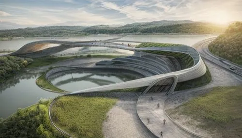 hydropower plant,futuristic architecture,futuristic art museum,autostadt wolfsburg,solar cell base,hydroelectricity,archidaily,malopolska breakthrough vistula,mosel loop,wastewater treatment,eco-construction,sewage treatment plant,futuristic landscape,eco hotel,water plant,amphitheater,renewable enegy,helix,south korea,modern architecture