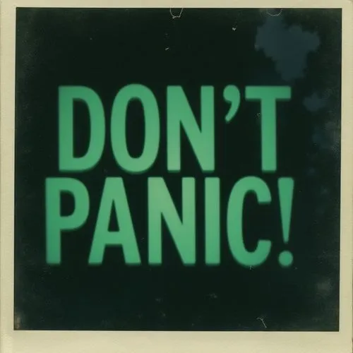 The phrase "DON'T PANIC!" in capitalized, bold, green letters against a black background with a grainy texture.,an old green type of picture with the word don't panic,dont panic,advises,dont,warns,dan