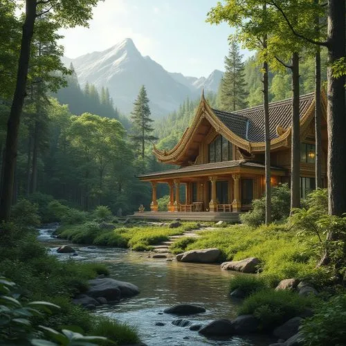 asian architecture,golden pavilion,house in the mountains,house in the forest,house in mountains,teahouse,Photography,General,Realistic