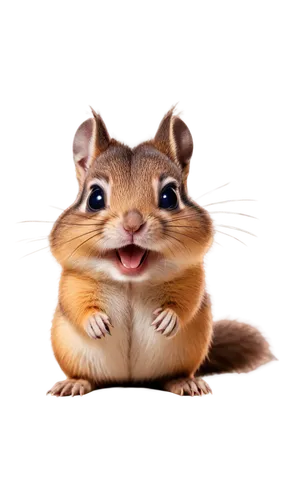 Small chipmunk, cartoon style, brown fur, fluffy tail, big round eyes, open mouth, vocalizing, high-pitched squeaky sound, exaggerated expression, comedic pose, soft focus, warm lighting, 3/4 composit