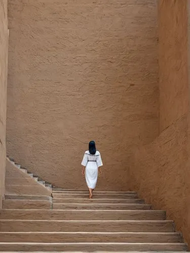 young woman in balinese dress coming up the stairs,a person is walking up some steps,hatshepsut,saqqara,huaca,mastabas,qasr azraq,edfu,Illustration,Black and White,Black and White 32