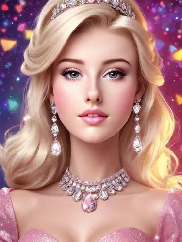 Beautiful blonde lady made to look like a Barbie doll for a party. Cerise dress. Tiara. Blinging jewellery. Sparkles. Artistic. Abstract background. 3D render. Pixar style.,the face of a girl with blo