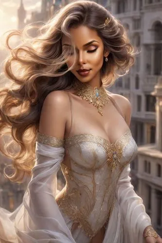 The regal figure of a majestic woman with long, wavy brown hair and wide, wavy grin gazes out at the bustling city below. Her eyes are wide and round, as if she is gliding with a sense of curiosity. H