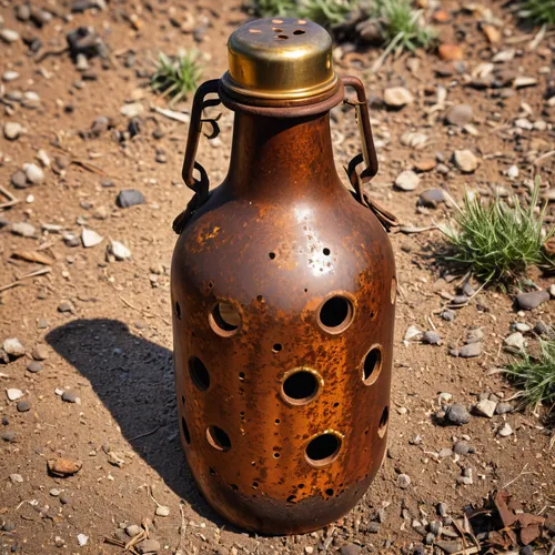 bottle made of ((rust metal)) with golden cap, many rusted holes,,clay jug,gas cylinder,poison bottle,flagon,amphora,water jug,clay jugs,jug,hand grenade,gas bottle,canister,bottle gourd,flask,gas bot