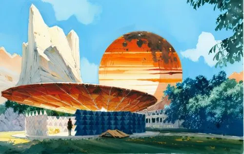 futuristic landscape,zeppelins,pioneer 10,bonestell,cinerama,homeworld,Illustration,Paper based,Paper Based 07