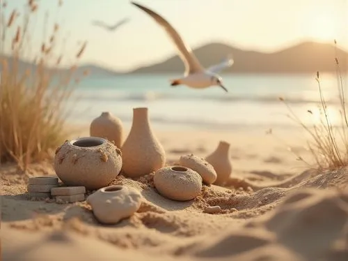 Natural beach setting, warm sunlight, gentle sea breeze, sandy dunes in the background, a few seagulls flying overhead, a collection of sand-casted materials scattered around, including vase, sculptur