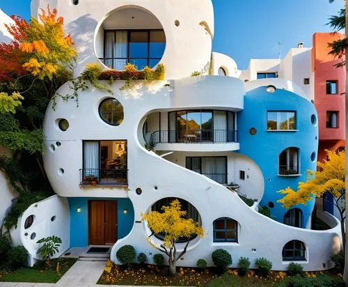 a modern, futuristic apartment building with a highly unique and imaginative design. The building's façade is composed of a series of rounded, bubble-like structures of varying sizes, all in a soft, m