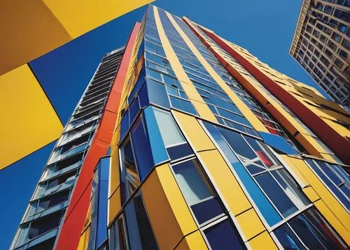 colorful facade,facade panels,glass facades,medibank,office buildings,leaseholds,tishman,cladding,three primary colors,glass facade,escala,towergroup,high-rise building,multifamily,multistorey,high rise building,metal cladding,mondrian,reclad,commerzbank,Illustration,Retro,Retro 01