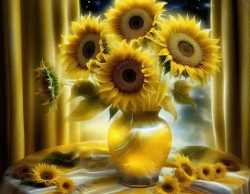 sunflowers in vase,sunflower paper,sun flowers,sunflowers,helianthus sunbelievable,sunflower,Illustration,Realistic Fantasy,Realistic Fantasy 37