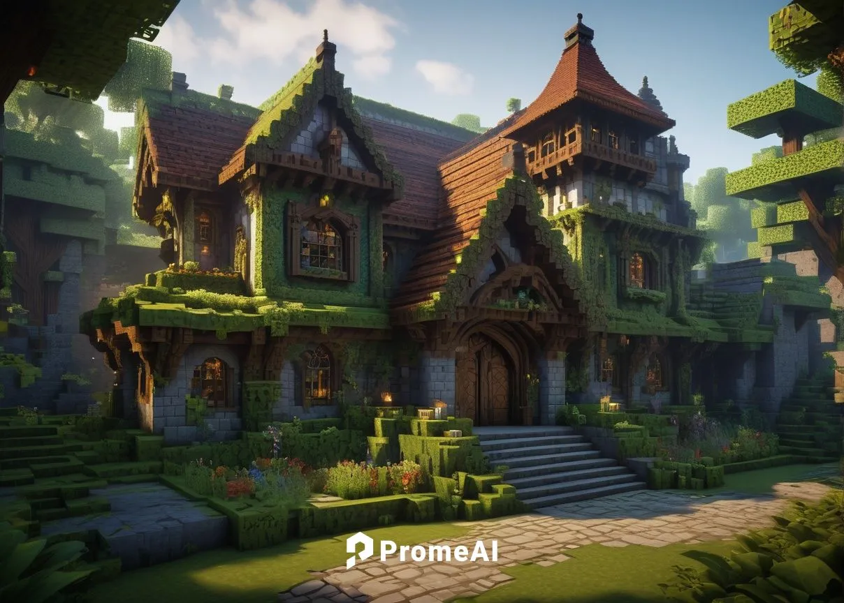 Minecraft-inspired building, medieval fantasy style, blocky texture, stone walls, wooden doors, stained glass windows, grandiose entrance, intricate carvings, moss-covered roofs, overgrown with vines,