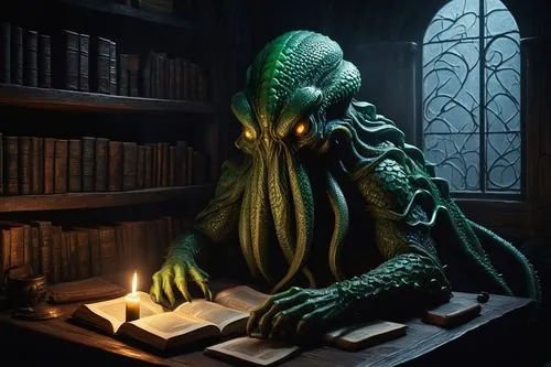 kraken,sci fiction illustration,calamari,octopus,cuthulu,cephalopod,bookworm,scholar,the collector,magic grimoire,tentacles,god of the sea,magistrate,tentacle,librarian,giant squid,cephalopods,magic book,reader,octopus tentacles,Illustration,Japanese style,Japanese Style 12