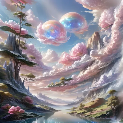 fantasy landscape,fairy world,fantasy picture,mushroom landscape,hot-air-balloon-valley-sky,dream world,3d fantasy,rainbow clouds,fantasy world,fantasy art,sea of clouds,futuristic landscape,sky rose,cosmos field,dreamland,skyflower,fairy galaxy,alien planet,wonderland,gaia