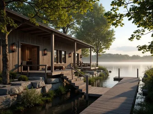 summer cottage,house by the water,boathouse,house with lake,render,3d rendering,boathouses,cottage,wooden decking,summer house,boat house,boat dock,chalet,lakeside,lake view,hameau,floating huts,pool house,dock,summerhouse