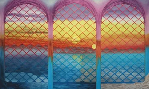 an artistic painting with four windows over looking a lake,stained glass windows,stained glass,church windows,stained glass pattern,stained glass window,glass painting,Illustration,Realistic Fantasy,R