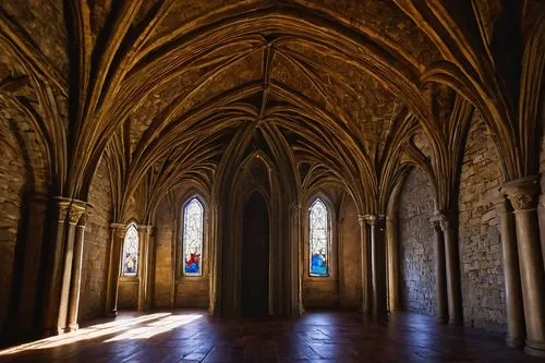 Holt architecture, grandiose, medieval-inspired, stone walls, Gothic arches, stained glass windows, intricate carvings, ornate decorations, high ceilings, majestic halls, warm lighting, wooden floors,