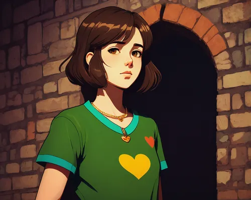 chara,worried girl,girl in t-shirt,girl with speech bubble,croft,adventure game,alleyway,isolated t-shirt,alley,girl walking away,child girl,wander,locket,girl on the stairs,game art,vector girl,game illustration,the girl,distressed clover,emerald,Art,Artistic Painting,Artistic Painting 26