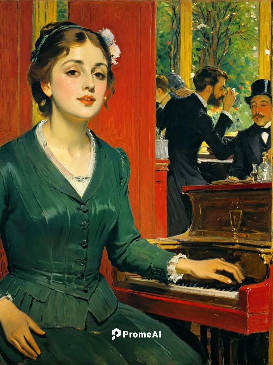 Entertainer in a Parisian piano bar. Let it appear as if a French impressionist, as if Edgar Degas had been painted the whole scene.,a painting of a woman playing the piano,girl at the computer,woman 