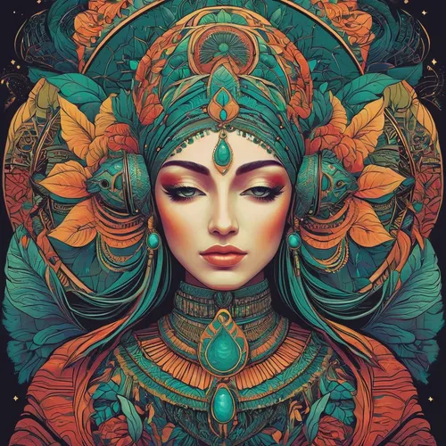 lakshmi,boho art,cleopatra,fantasy portrait,jaya,mandala,aura,medusa,flora,radha,pachamama,tribal,lotus,mandala illustrations,priestess,tantra,peacock,mandala framework,anahata,gemini,Illustration,Realistic Fantasy,Realistic Fantasy 41