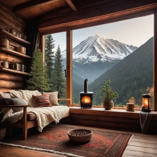 the cabin in the mountains,coziness,warm and cozy,mountain huts,alpine style,mountain hut,chalet,house in the mountains,house in mountains,mount hood,snowy mountains,coziest,cozier,mountain scene,log cabin,mount rainier,fire place,snow house,snowy peaks,mountain landscape,Illustration,Vector,Vector 02