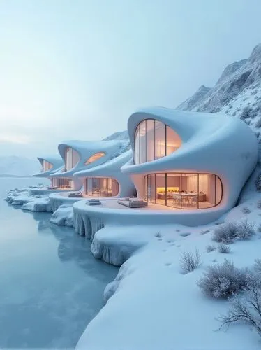 A series of translucent, ice-like residential buildings on the edge of a frozen Arctic lake, designed to blend into the surrounding snow and ice. The homes are made from innovative materials that mimi