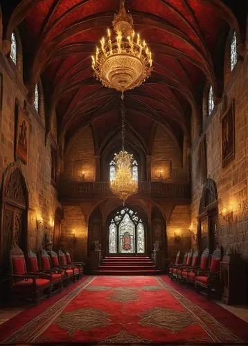 Medieval castle, grand hall, stone walls, stained glass windows, majestic throne, intricate carvings, ornate chandeliers, suits of armor, red carpet, luxurious furnishings, regal atmosphere, warm ligh