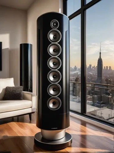 High-end sonance architectural speakers, modern minimalist design, sleek black finish, silver accents, slender columns, rounded edges, floor-standing, surrounded by luxurious living room, cream-colore