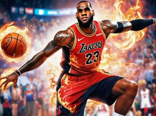 LeBron James, NBA player, muscular man, fiery red-orange hair, intense facial expression, sweat droplets on forehead, black tattoos on arms, white basketball jersey, red flames pattern on sleeves, ath