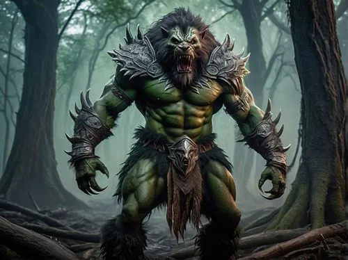 orc,forest king lion,forest man,warrior and orc,druid,black warrior,tree man,wolfman,wolverine,green skin,aaa,werewolf,barbarian,fantasy warrior,tarzan,patrol,alien warrior,predator,shaman,green goblin,Art,Artistic Painting,Artistic Painting 36